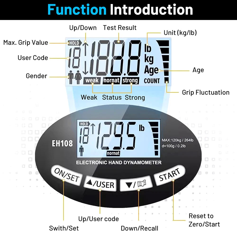265Lbs/120Kg Digital Hand Dynamometer Grip Grip Strength Tester with LCD Screen for Forearm Training Finger Power Weightlifting